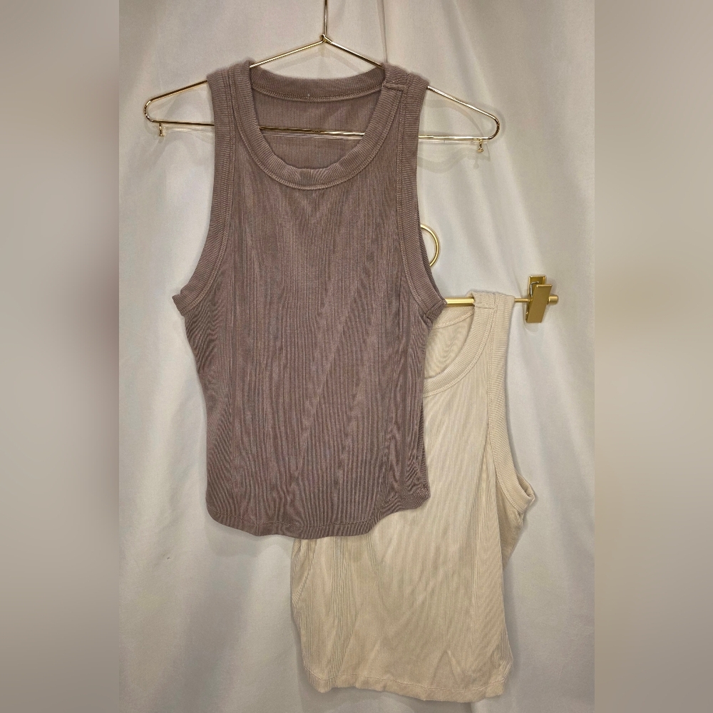 Elegant Ribbed Tank Top Set - Taupe and Cream